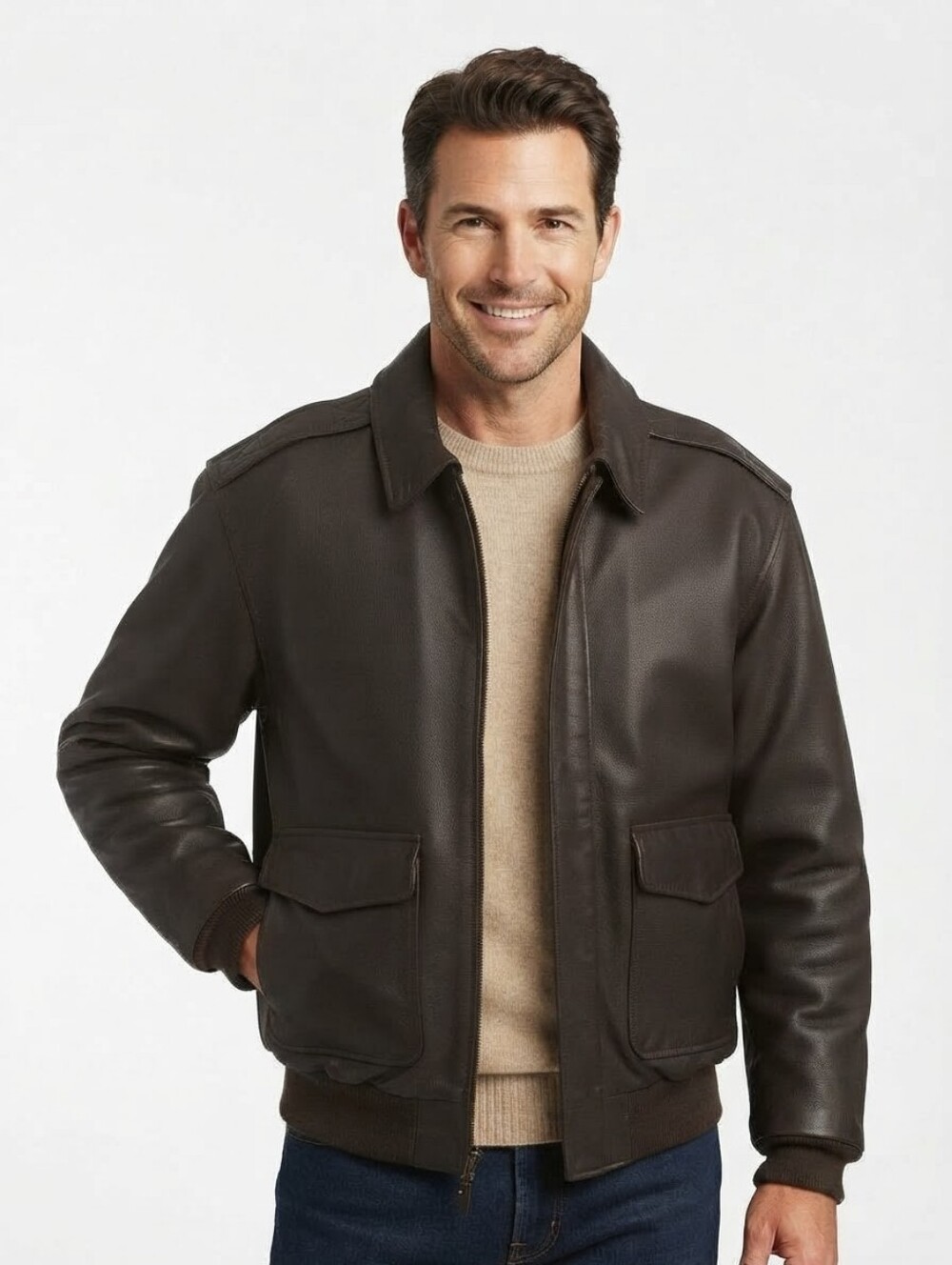 Vintage L.L. Bean Men's Goatskin Leather Jacket Pockets Zip Closure size L Black
